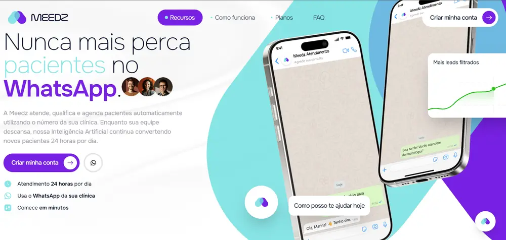 Print do site da Meedz, agente de IA no WhatsApp para clínicas